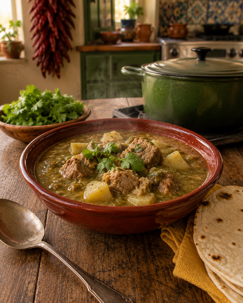 New Mexican green chile pork stew with potatoes in a rustic red bowl