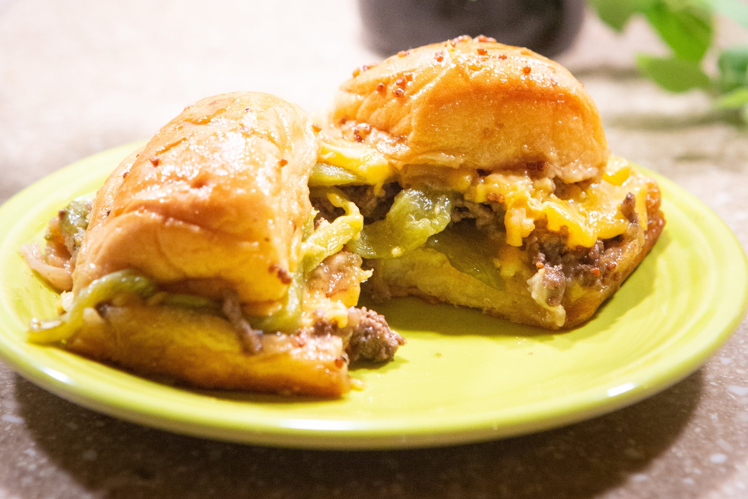 Hatch Green Chile Bacon Cheeseburger Sliders on Hawaiian Sweet Rolls with glaze