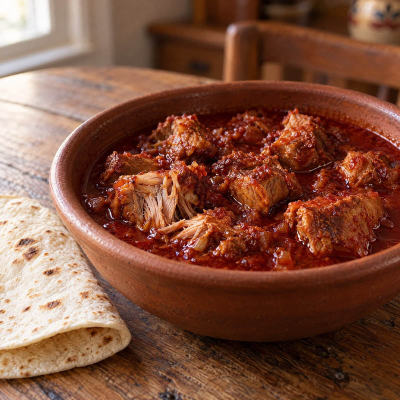 Carne adovada, pork shoulder braised in New Mexico red chile, in a clay bowl with a flour tortilla
