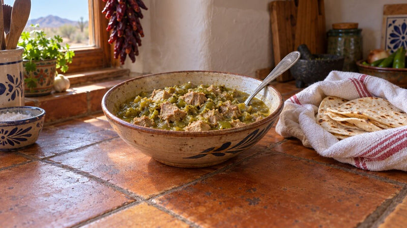A bowl of chile verde, chunks of pork in a thick green chile sauce, on a tile kitchen counter next to flour tortillas wrapped in a dish towel