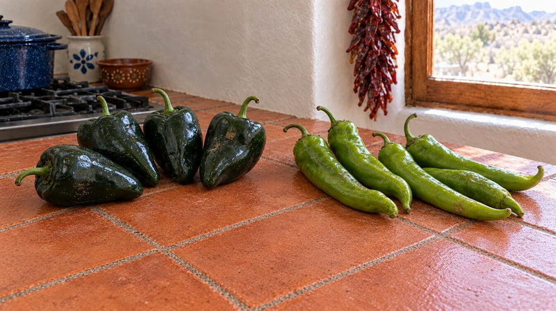 Fresh poblano peppers and long New Mexico green chiles side by side on a tile kitchen counter