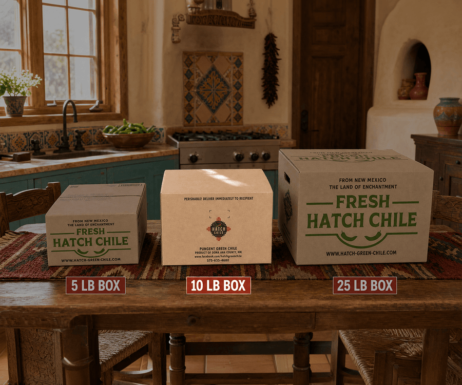 Fresh Hatch chile shipping boxes in 5, 10, and 25 lb sizes, 10 lb box highlighted