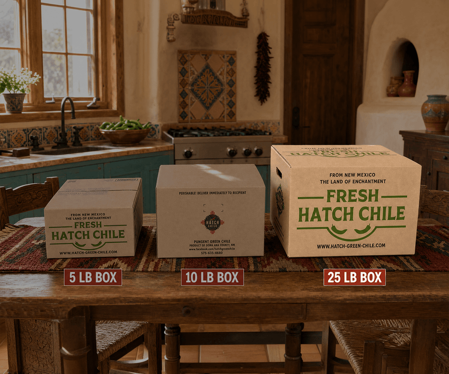 Fresh Hatch chile shipping boxes in 5, 10, and 25 lb sizes, 25 lb box highlighted