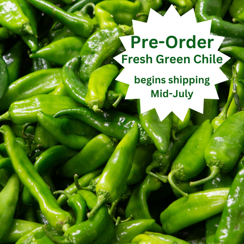 A close-up image of fresh Hatch Green Chiles with a text overlay that reads "pre-order fresh green chile begins shipping mid-July.