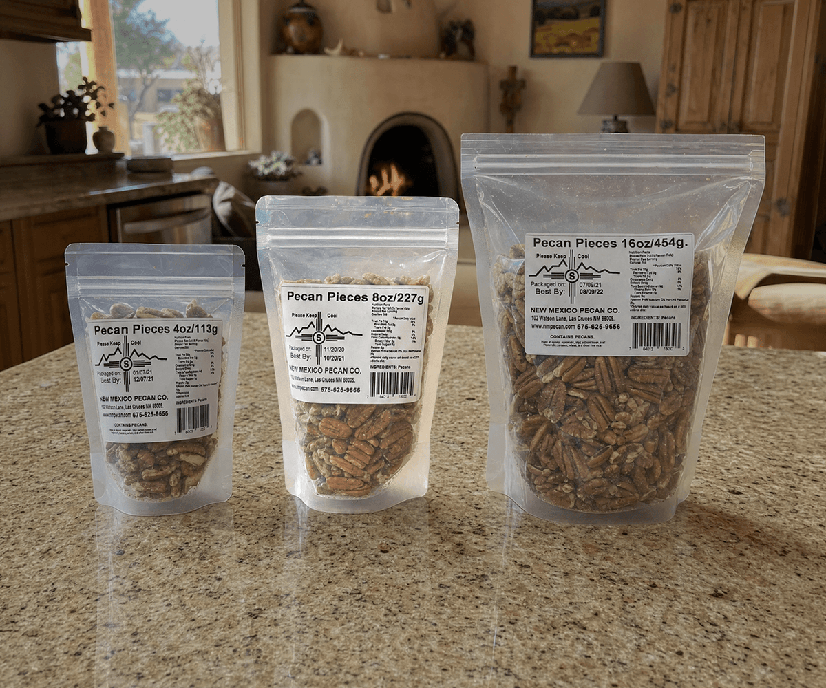 New Mexico pecan pieces in 4, 8, and 16 oz resealable bags