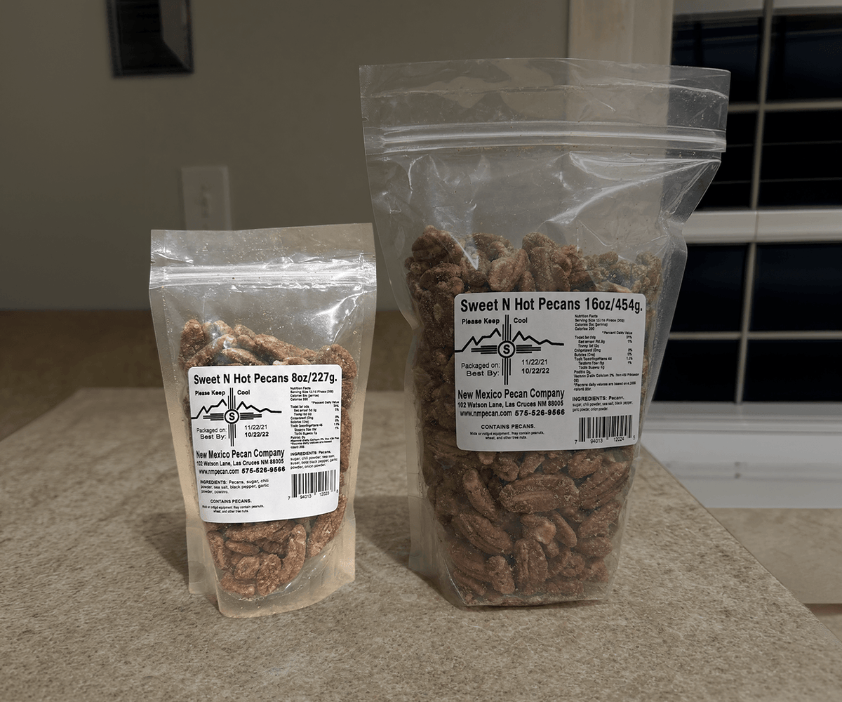 Sweet and hot pecans in 8 oz and 16 oz clear resealable bags
