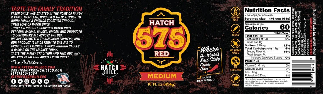 Label of Hatch 575 Red Chile Sauce jar, displaying logo, "medium" spiciness, nutrition facts, and promotional text about authentic tradition preparation and taste.