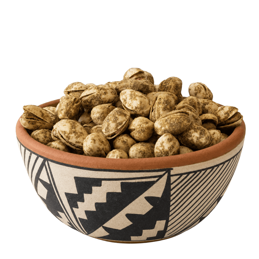 Green chile seasoned in-shell pistachios in a patterned Southwestern ceramic bowl