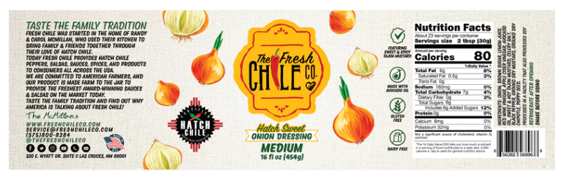 Package label of "the fresh chile company" hatch chile medium salsa featuring Hatch Valley onions, tomatoes, and chiles with nutritional facts and product details.