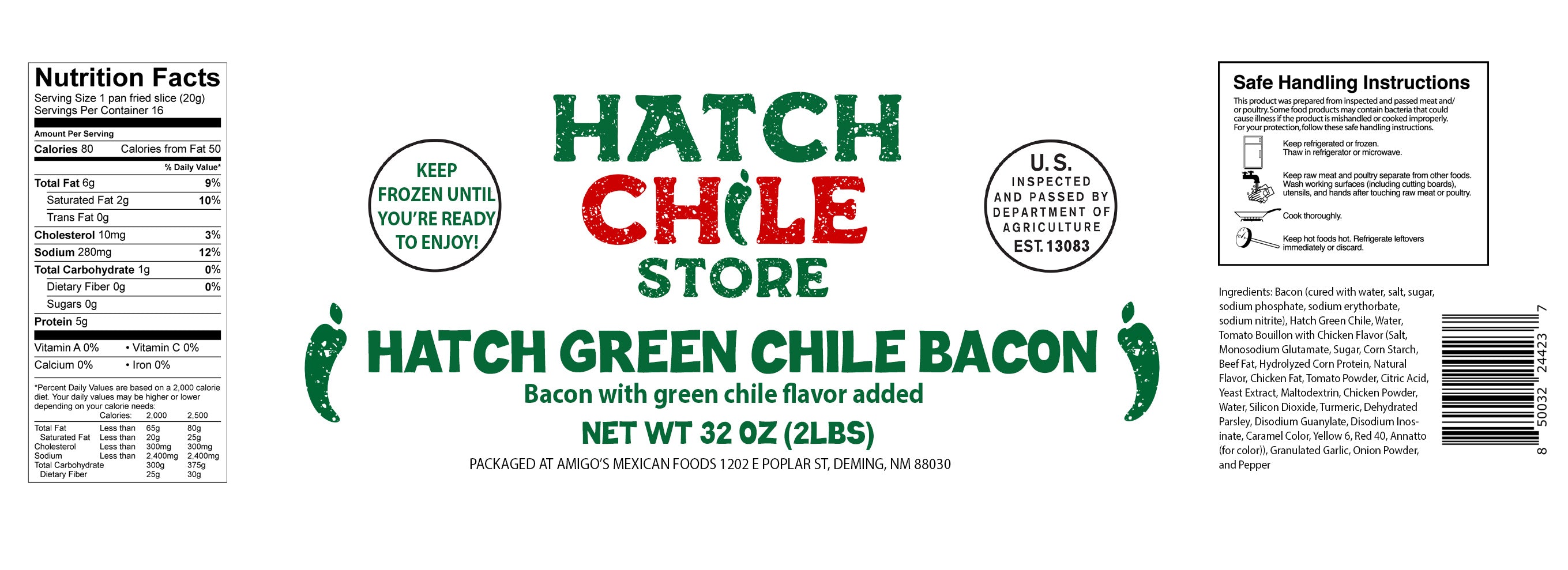 Image of a food product label for "Hatch Green Chile Bacon" showing nutrition facts, cooking instructions, a logo, USDA inspection seal, and a barcode. The label includes text emphasizing the product