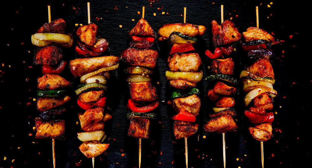 sweet and spicy chicken kabobs sprinkled with hatch red chile powder