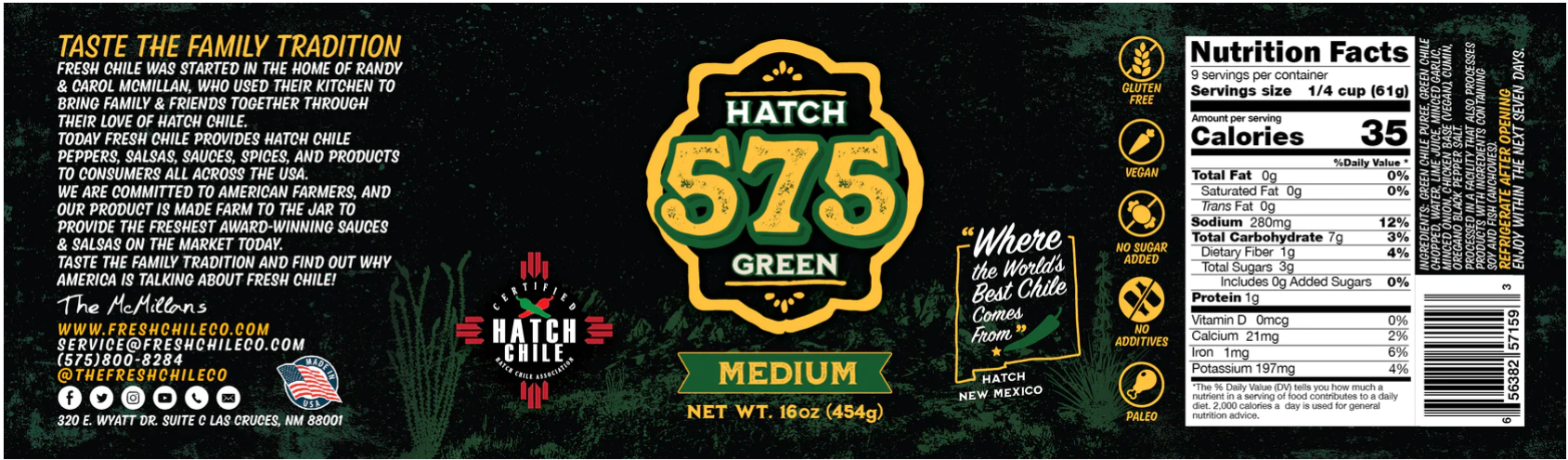 Packaging graphic of Hatch 575 Green Chile Sauce with text about tradition, quality, and taste, alongside nutritional information panel and product barcode.