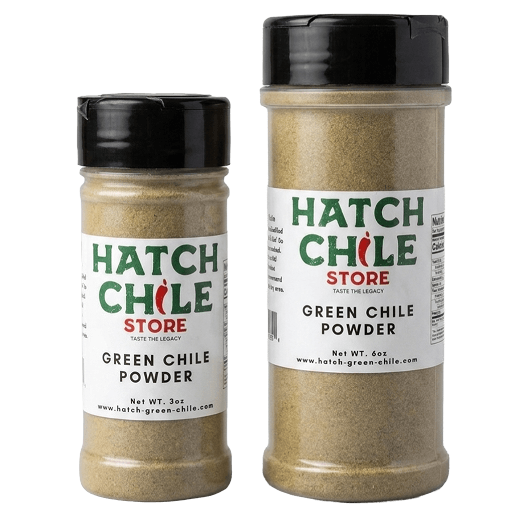Hatch green chile powder in 3 oz and 6 oz shaker bottles