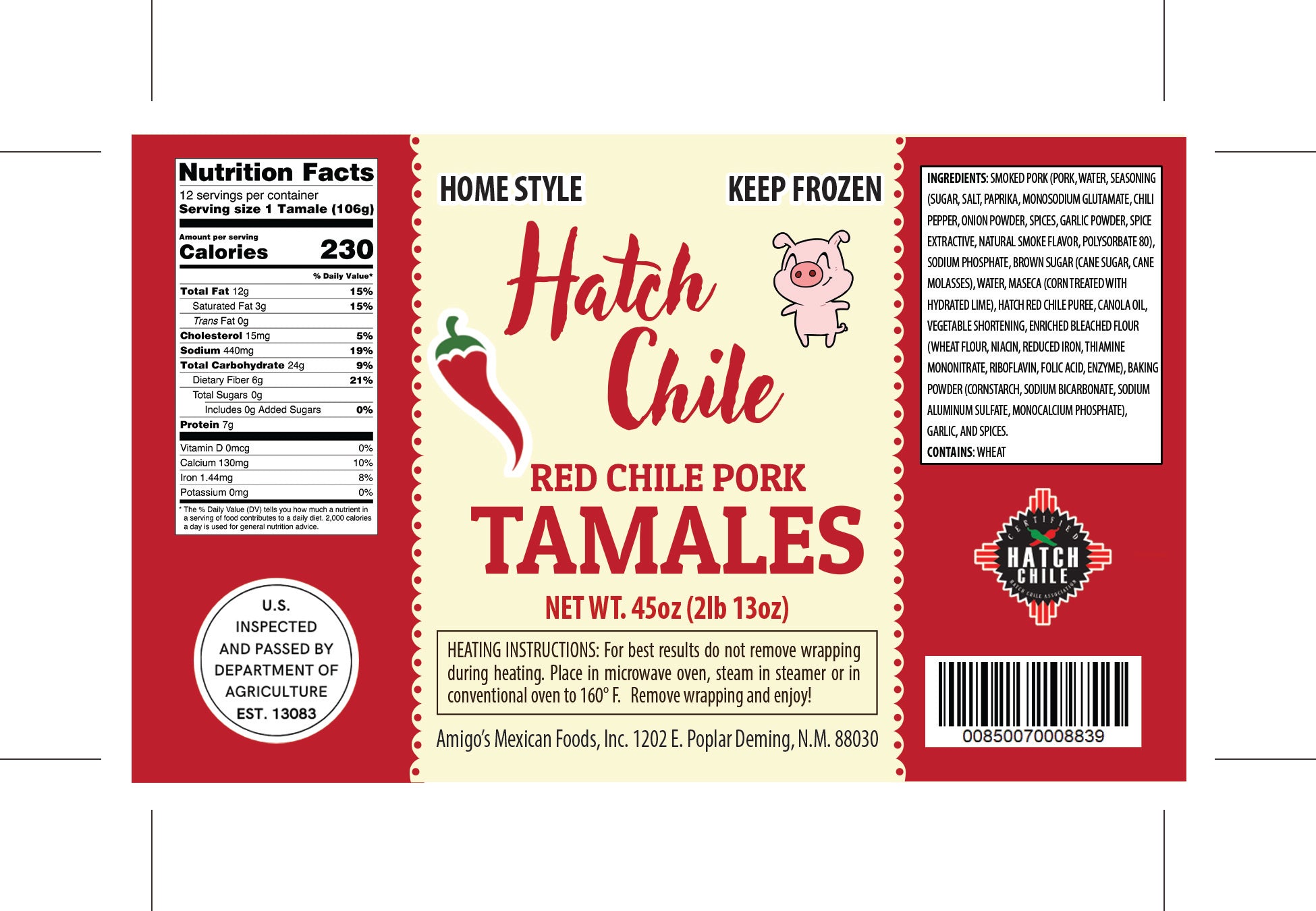 Packaging for "Hatch Red Chile Pork Tamales" with nutritional facts, instructions, and a red and white design featuring a cartoon pig and company logo.