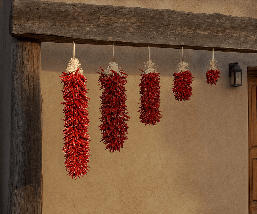 Dried red chile pequin ristras hanging on an adobe wall, longest size featured