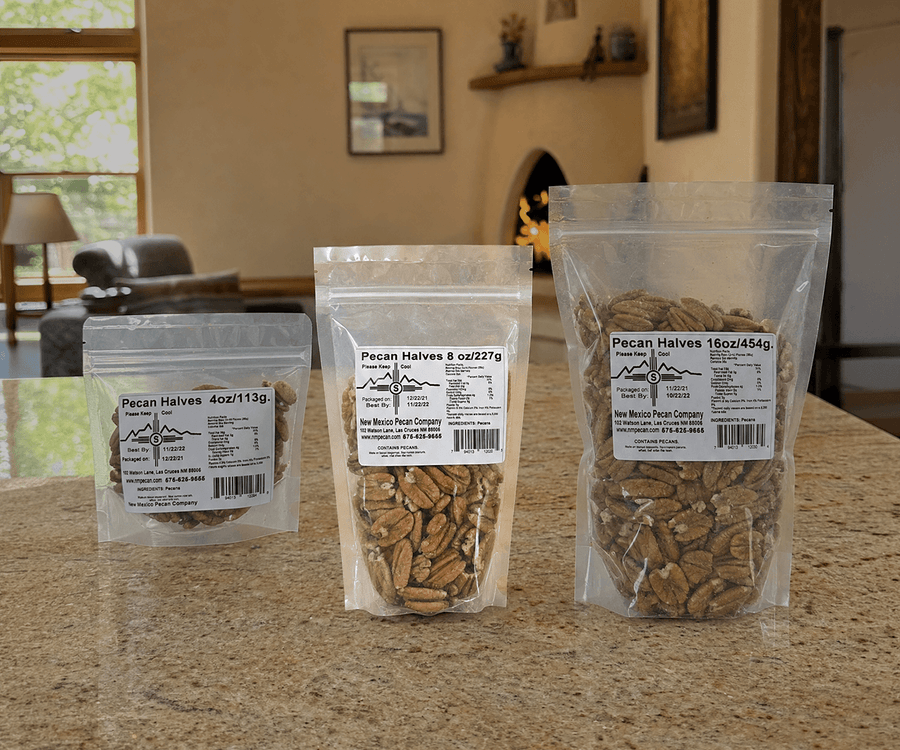 Pecan halves in 4, 8, and 16 oz resealable bags on granite