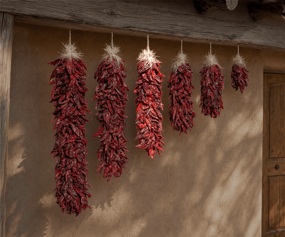 Dried red chile ristras in graduated lengths on adobe wall, middle size highlighted