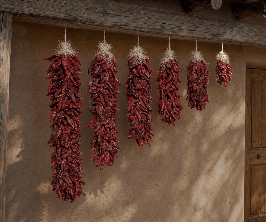 Dried red chile ristras in six graduated lengths hanging on an adobe wall