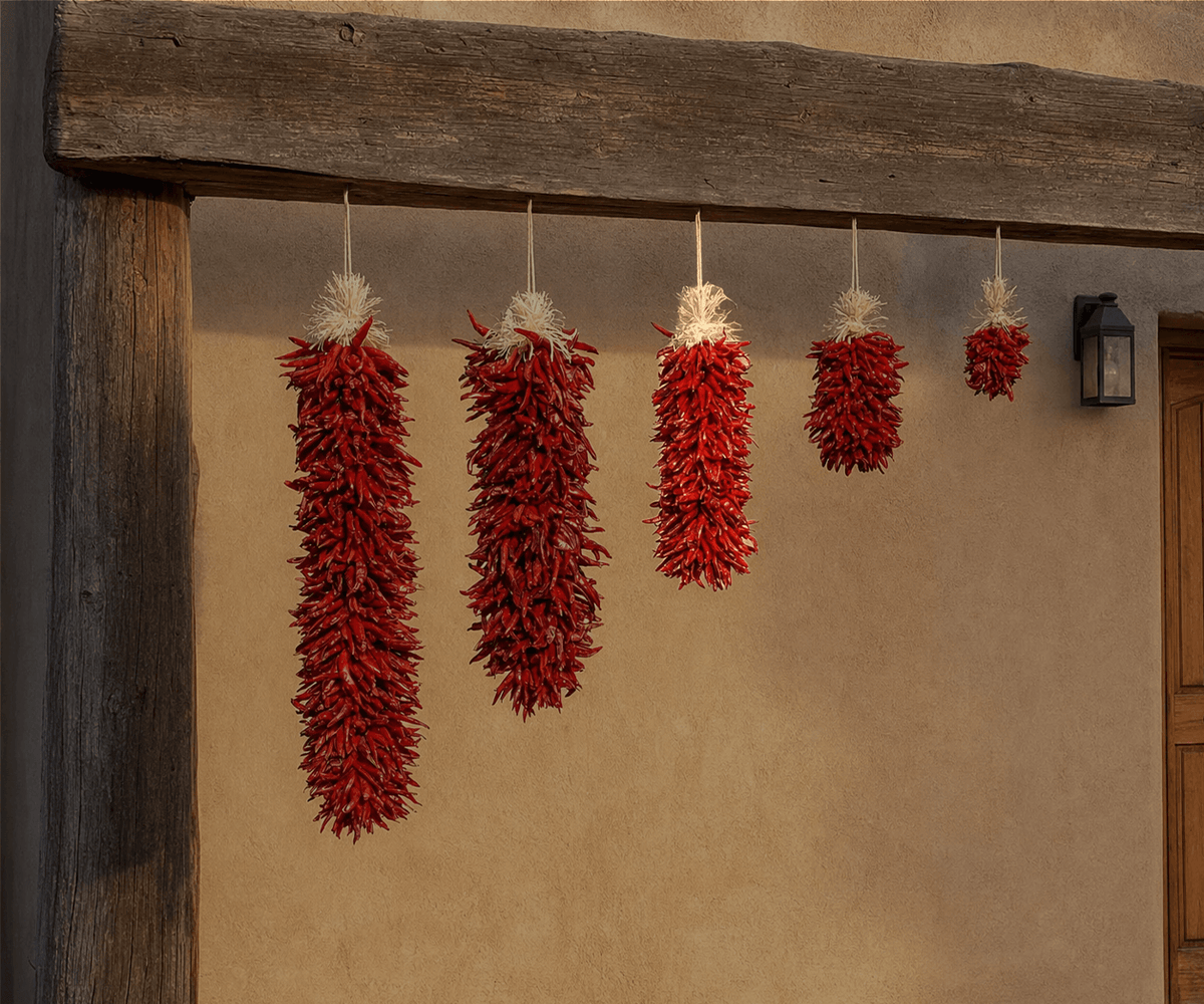 Dried red chile pequin ristras in graduated lengths on an adobe wall, middle size featured