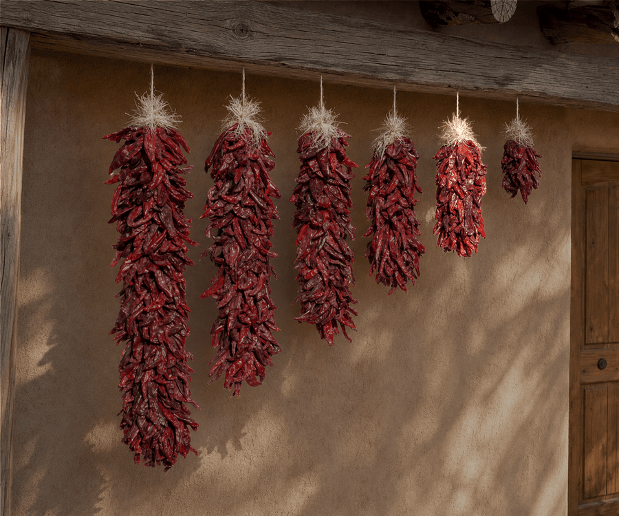 Dried red chile ristras in graduated lengths on adobe wall, second-smallest highlighted