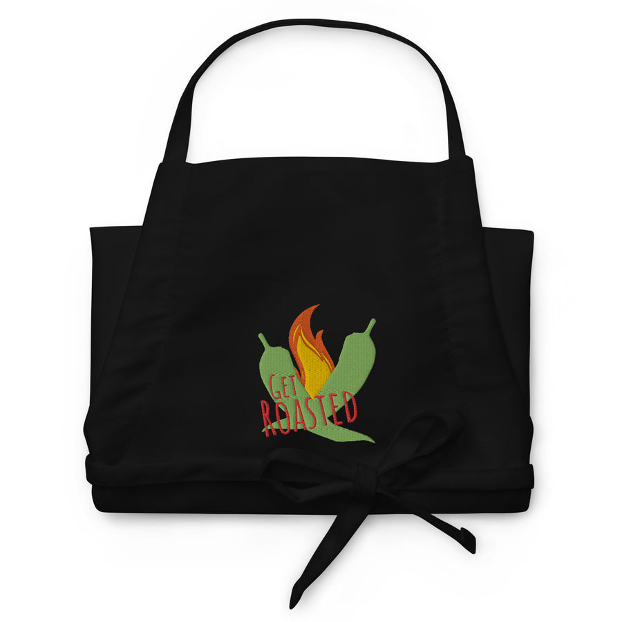 Get Roasted Apron — embroidered apron in black, front view
