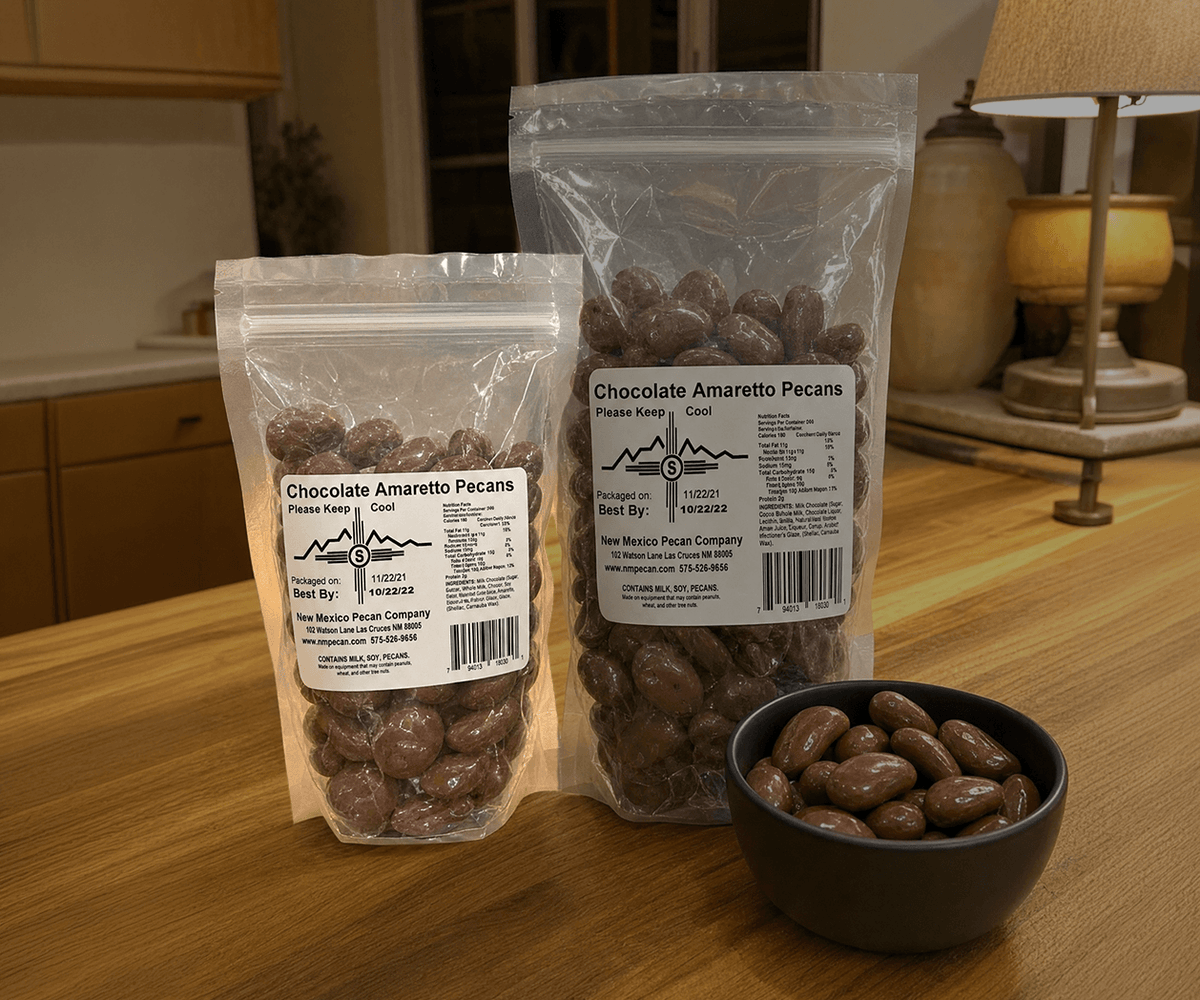 Chocolate Amaretto pecans in two clear resealable bag sizes with a serving bowl