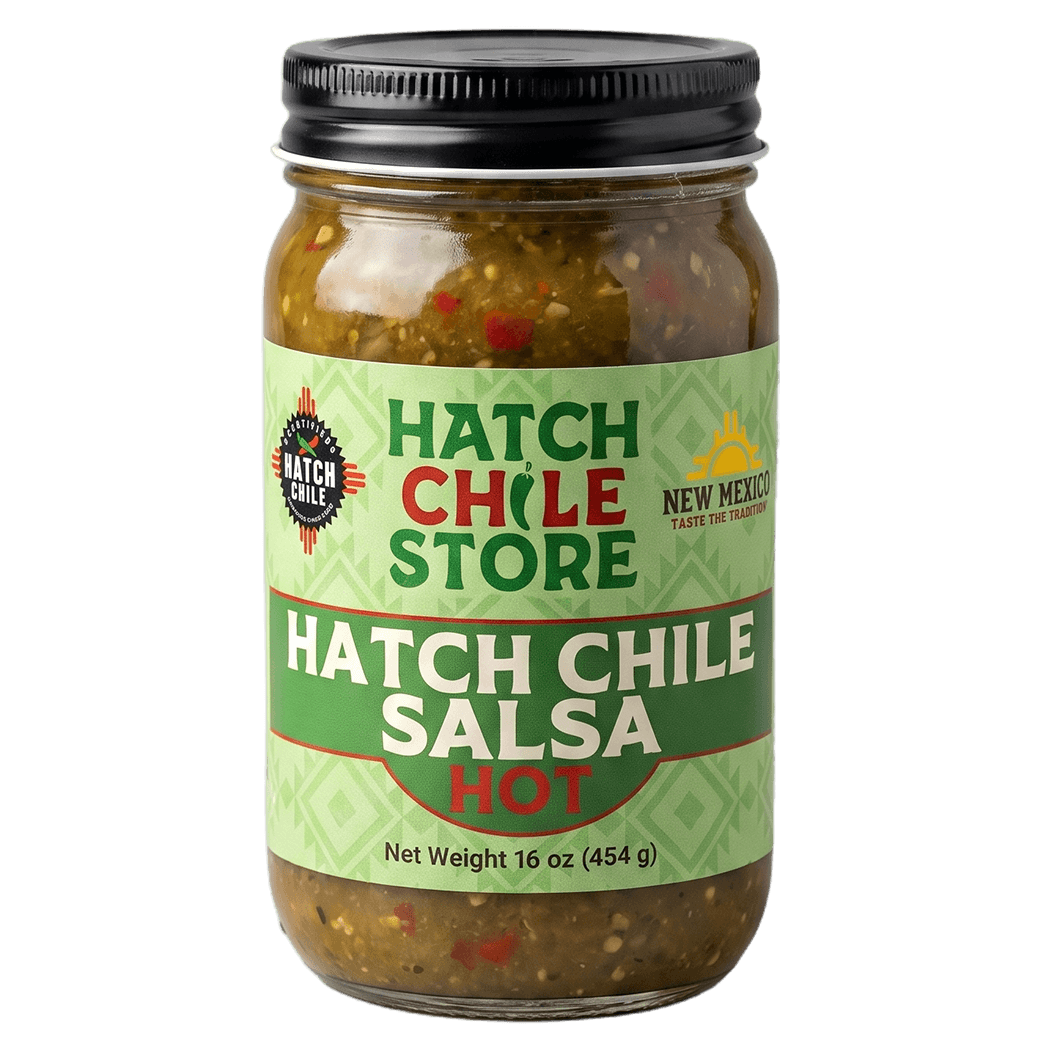 Hatch chile salsa, hot — 16 oz jar of roasted New Mexico green chile salsa