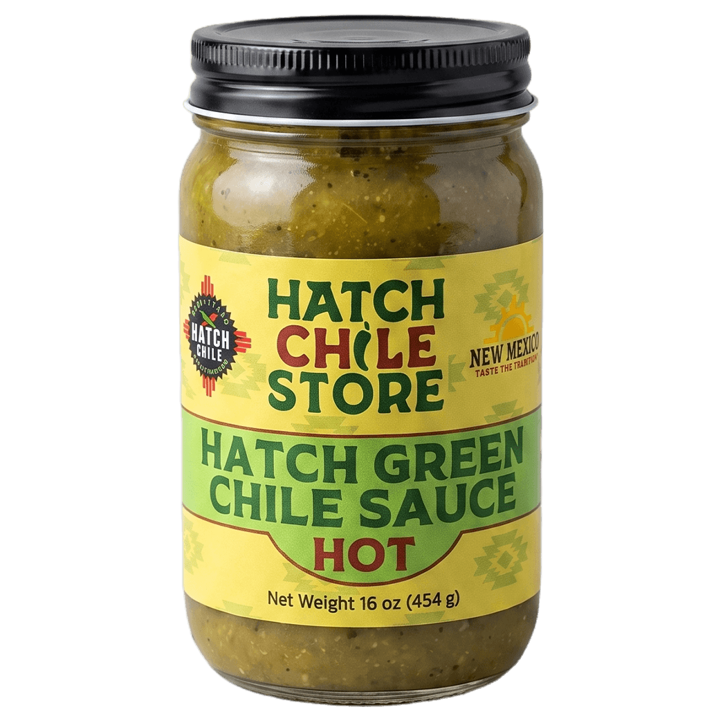 Hatch green chile sauce, hot — 16 oz jar of authentic New Mexico green chile