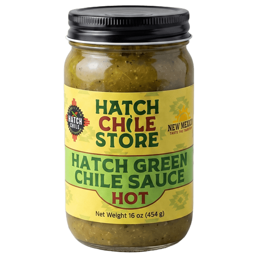 Hatch green chile sauce, hot — 16 oz jar of authentic New Mexico green chile