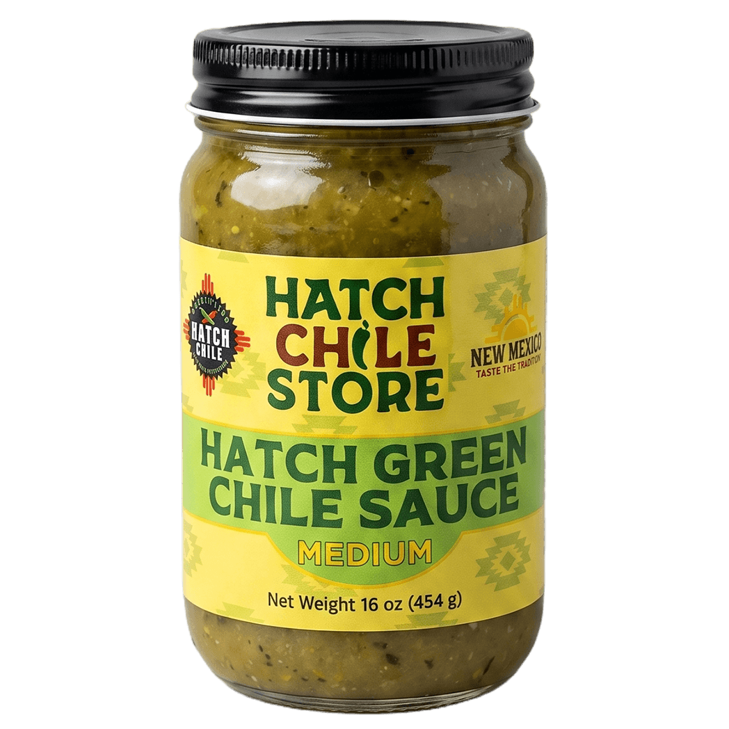 Hatch green chile sauce, medium — 16 oz jar of authentic New Mexico green chile