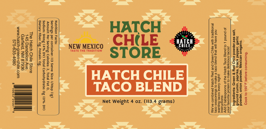 Hatch Chile Store taco blend label artwork with nutrition facts and ingredients, 4 oz