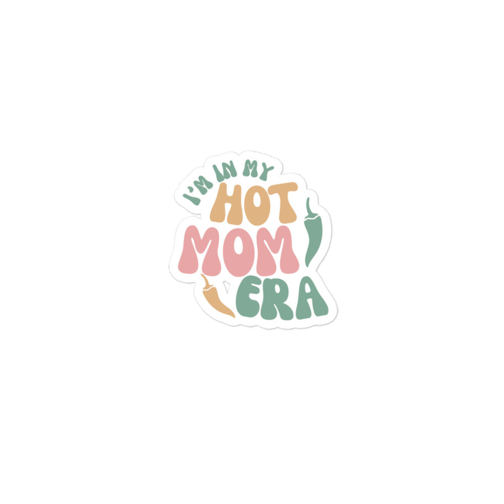 Era Sticker with the colorful text "i'm my hot mom era" in playful, bubble-style lettering, surrounded by a white outline, ideal for decorating laptops. The background is transparent.