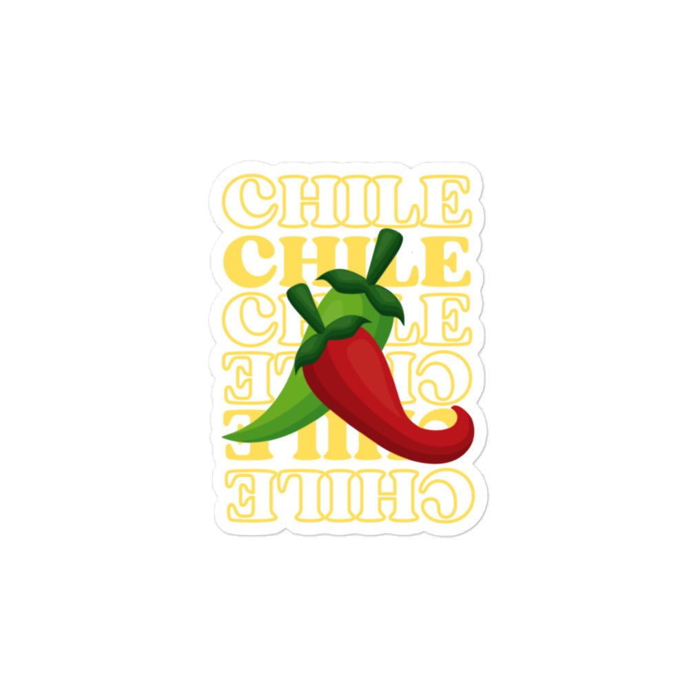 Red & Green Sticker design featuring the word "chile" in bold yellow text repeated in a pattern, with a graphic of two intertwined red and green chili peppers in the foreground. Made from durable vinyl for long