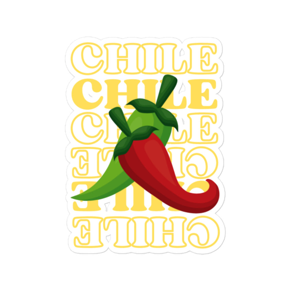 Red & Green Sticker design featuring the word "chile" repeated in bold yellow letters with a graphic of two red and green chili peppers intertwined in the center, made from durable vinyl for bubble-free application.