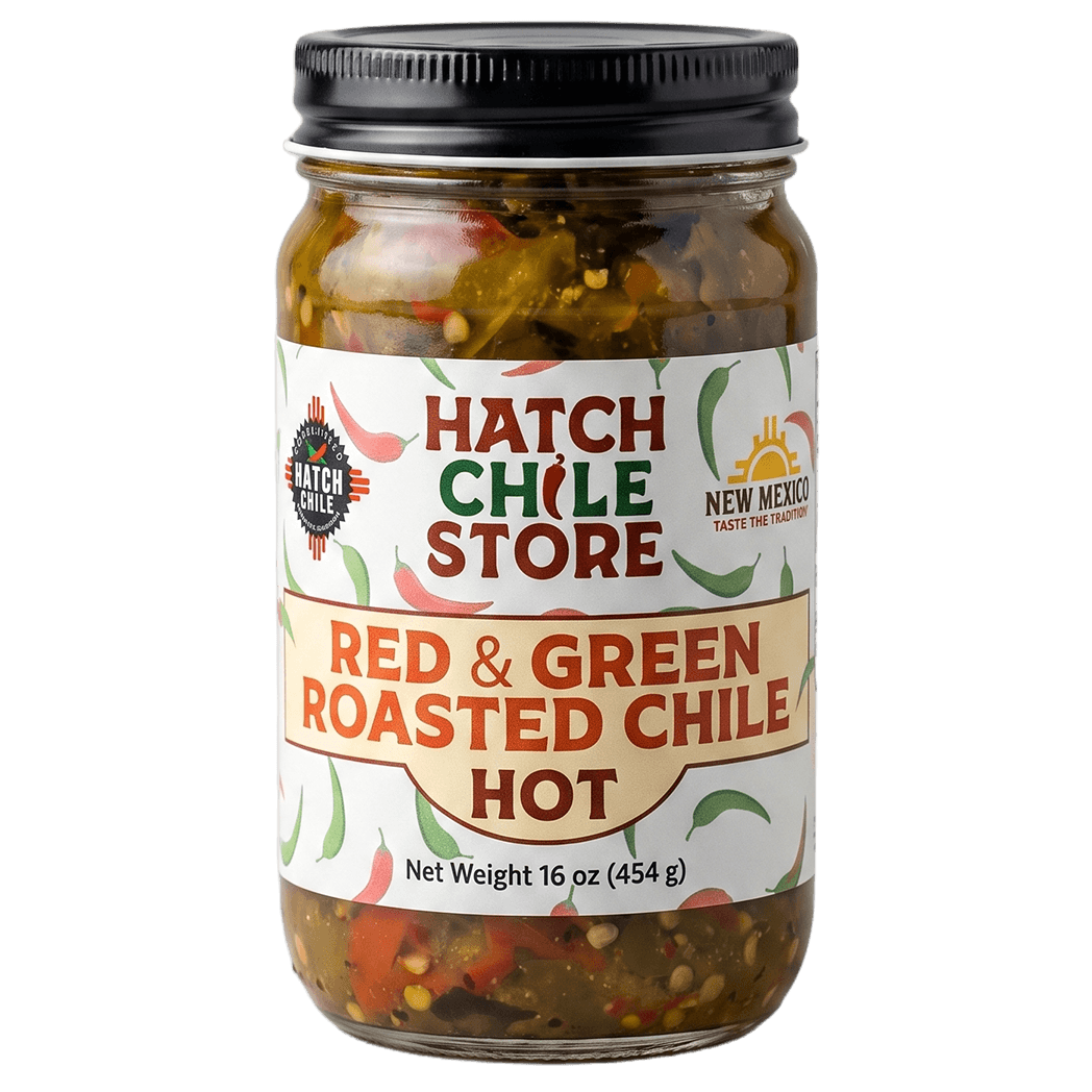 Hatch red and green roasted chile, hot — 16 oz jar of New Mexico red & green chile