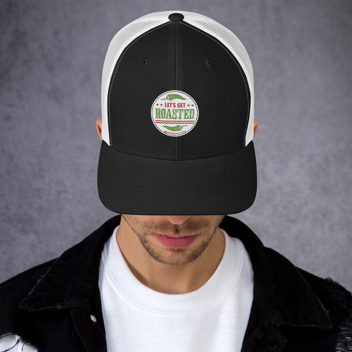 Get Roasted Trucker Cap — retro trucker hat in black and white, front view