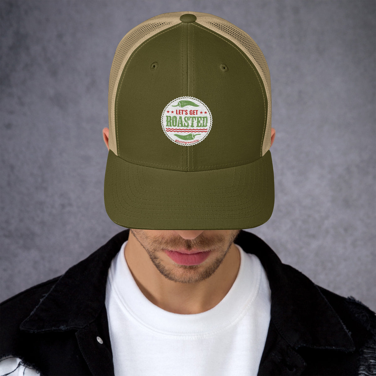 Get Roasted Trucker Cap — retro trucker hat in moss khaki, front view