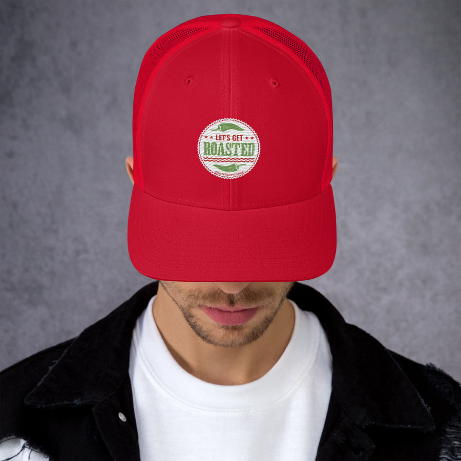 Get Roasted Trucker Cap — retro trucker hat in red, front view