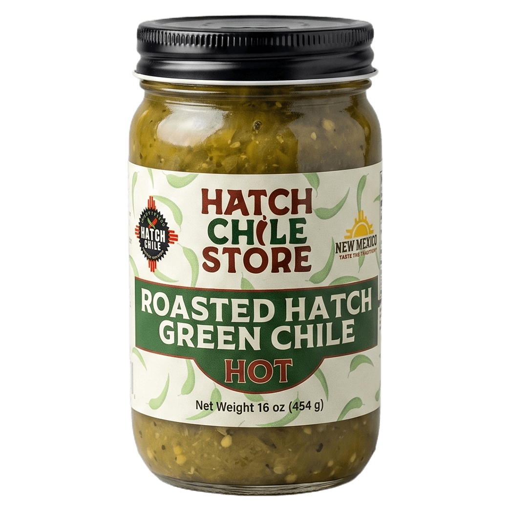 Roasted Hatch green chile, hot — 16 oz jar of jarred New Mexico Hatch green chile
