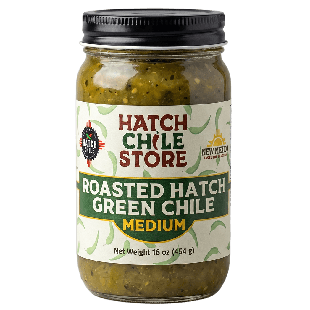 Roasted Hatch green chile, medium — 16 oz jar of jarred New Mexico Hatch green chile