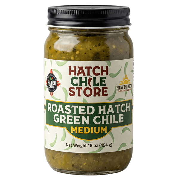 Roasted Hatch green chile, medium — 16 oz jar of jarred New Mexico Hatch green chile