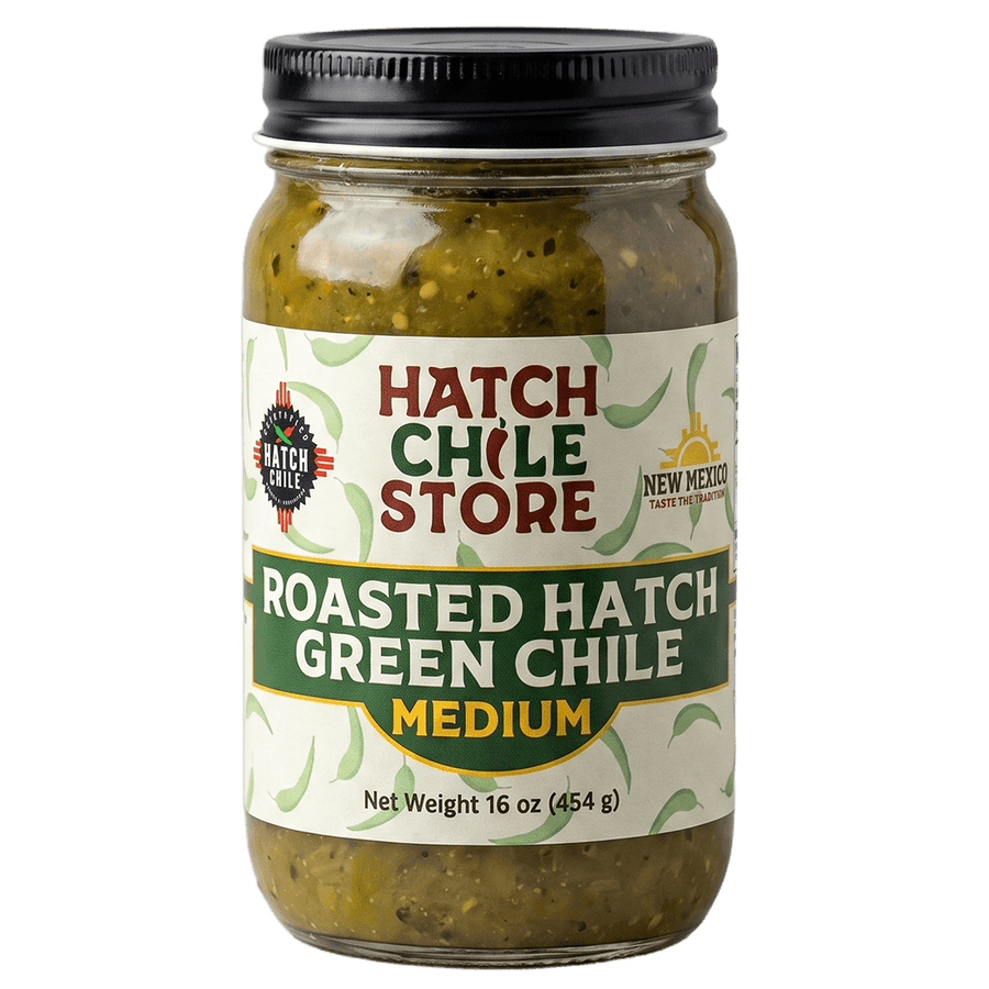 Roasted Hatch green chile, medium — 16 oz jar of jarred New Mexico Hatch green chile
