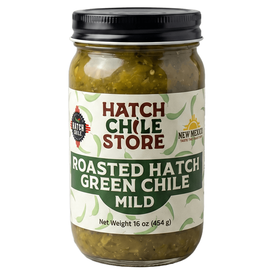 Roasted Hatch green chile, mild — 16 oz jar of jarred New Mexico Hatch green chile