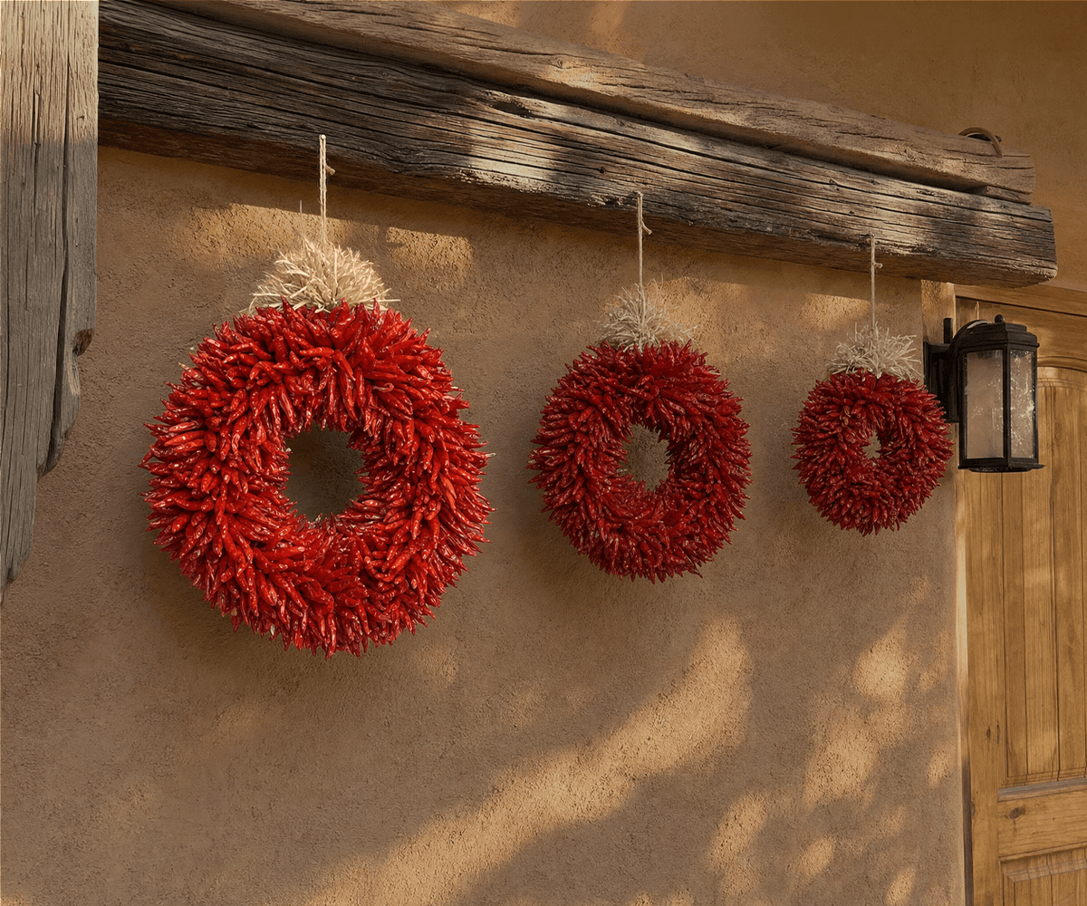 Graduated dried red chile pequin wreaths hanging on a tan adobe wall