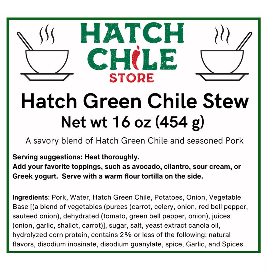 Sentence with product name: Graphic of a label for Hatch Green Chile Stew mentioning it's a blend of green chile and seasoned pork. Lists ingredients, serving suggestions, and a pair of steam.