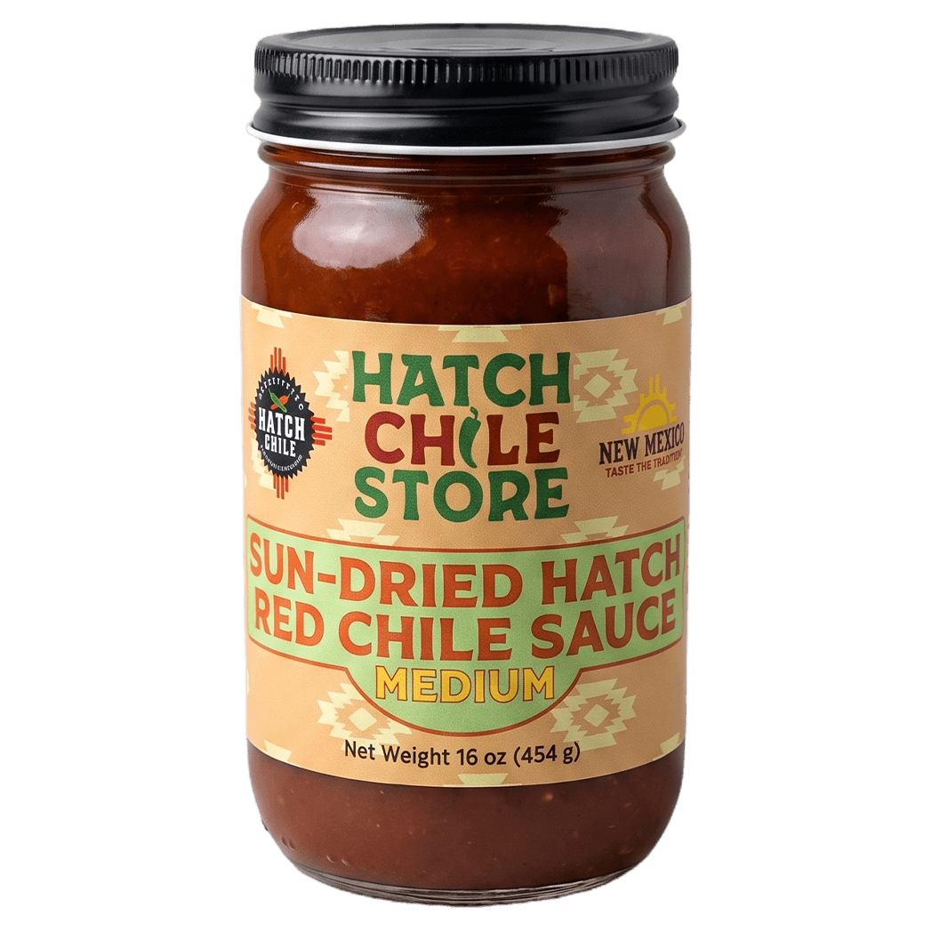 Sun-dried Hatch red chile sauce, medium — 16 oz jar of New Mexico red chile