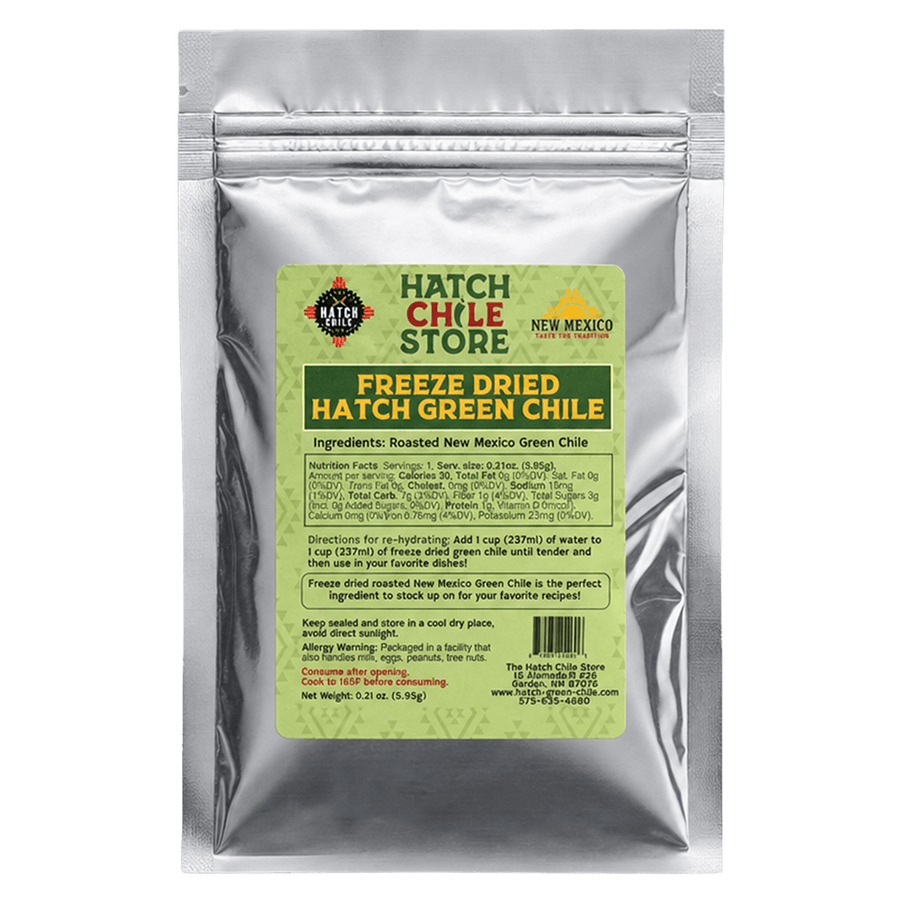 Back label of freeze dried Hatch green chile pouch with rehydration directions