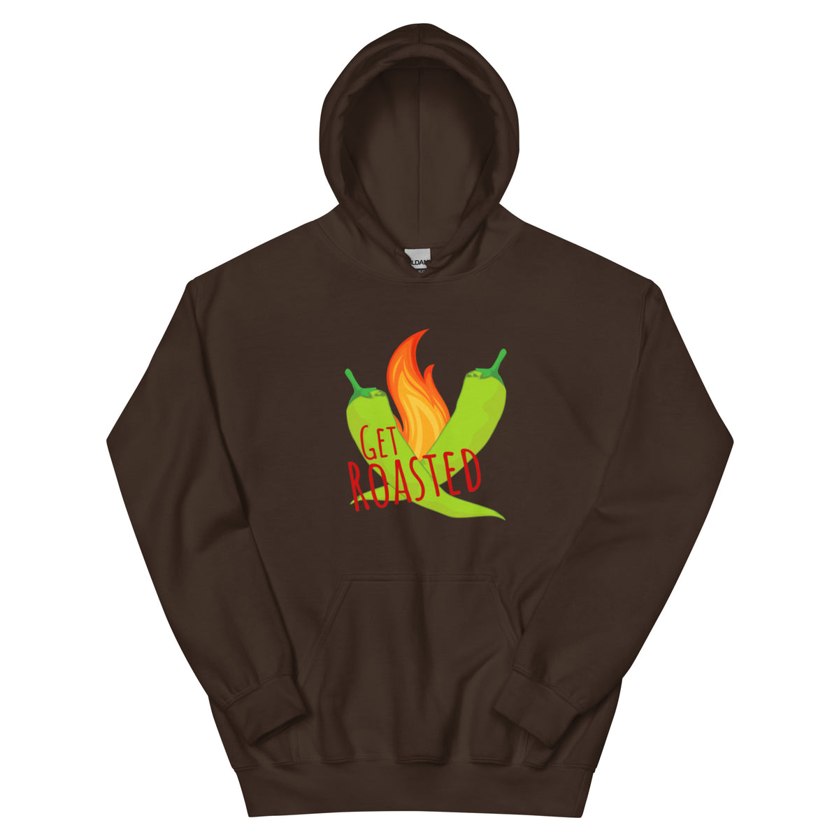 Get Roasted Hoodie — unisex hoodie in dark chocolate, front view