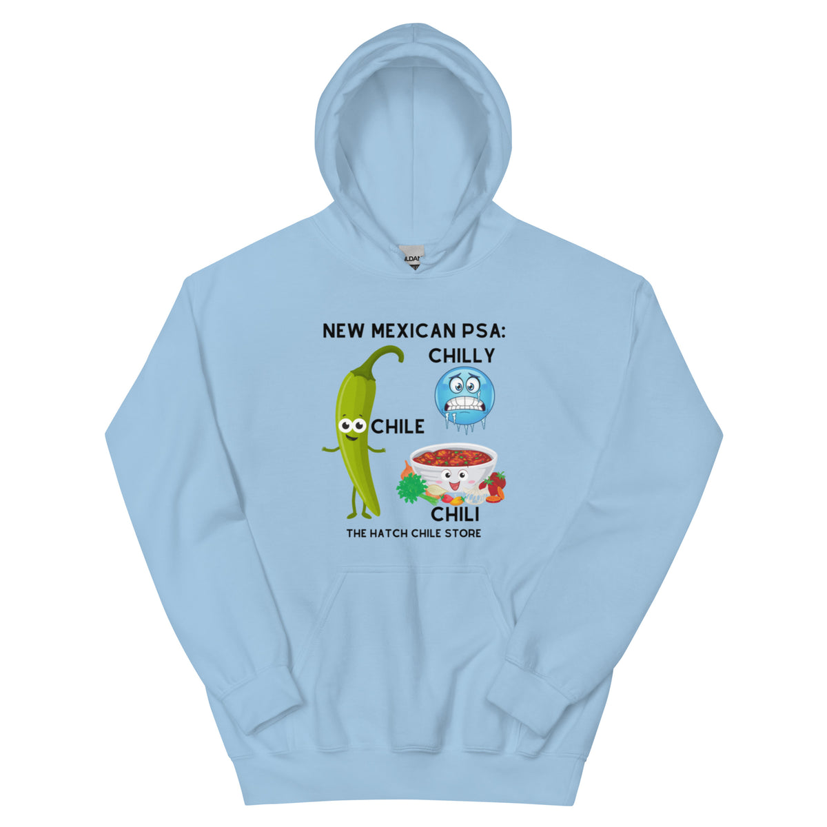 PSA Hoodie — unisex hoodie in light blue, front view