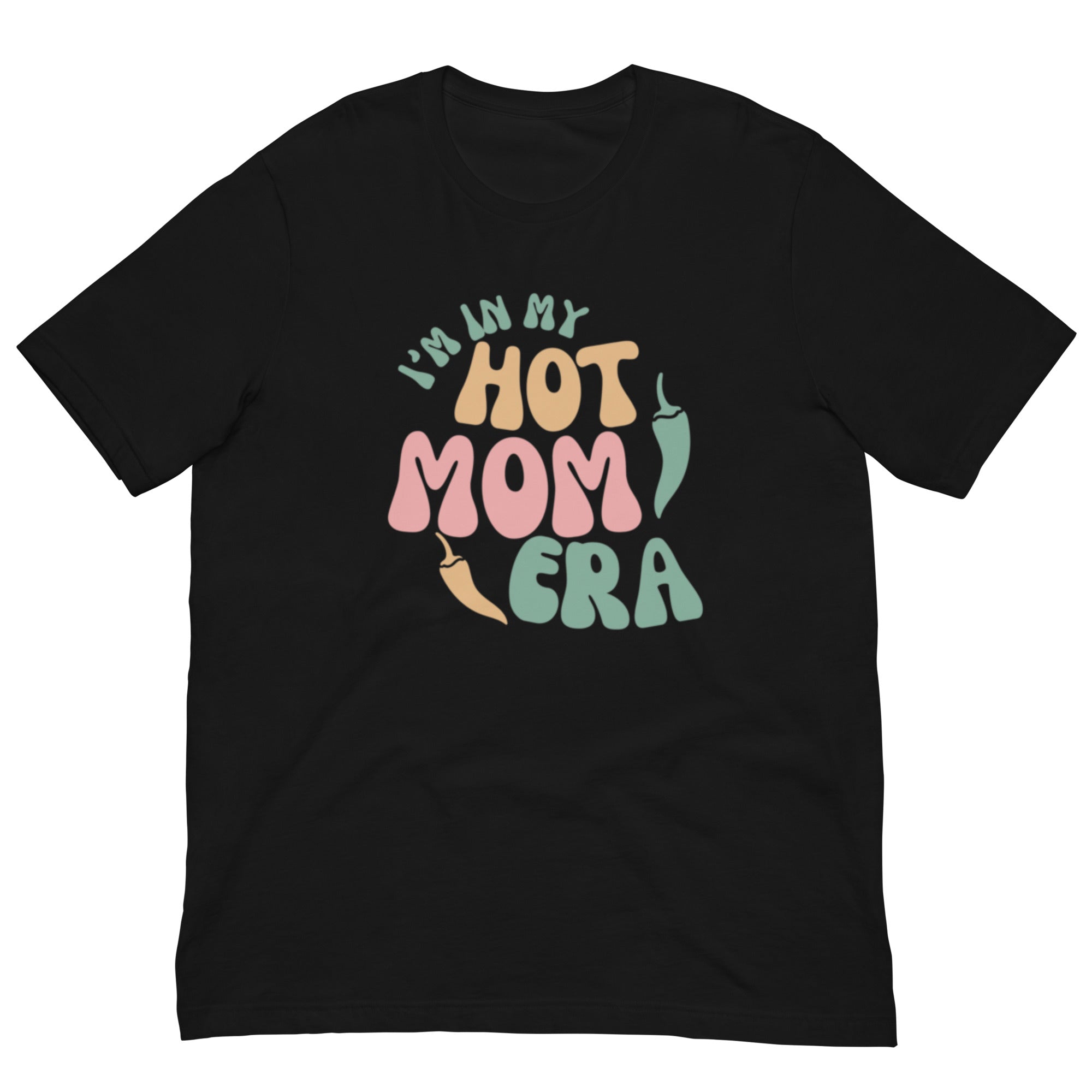 Black breathable Era Shirt with colorful text that reads "in my hot mom" in playful, bold lettering.